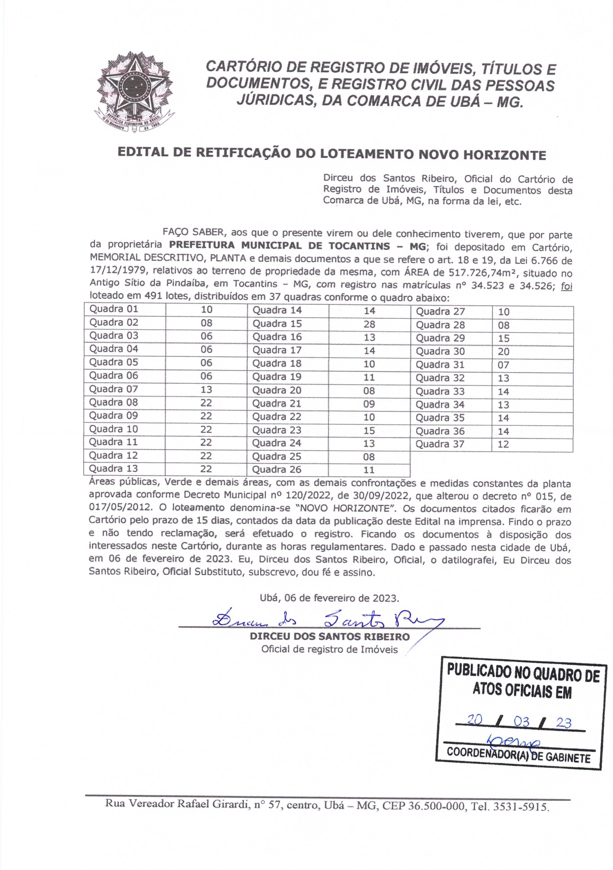 Edital Retificação do Loteamento Novo Horizonte