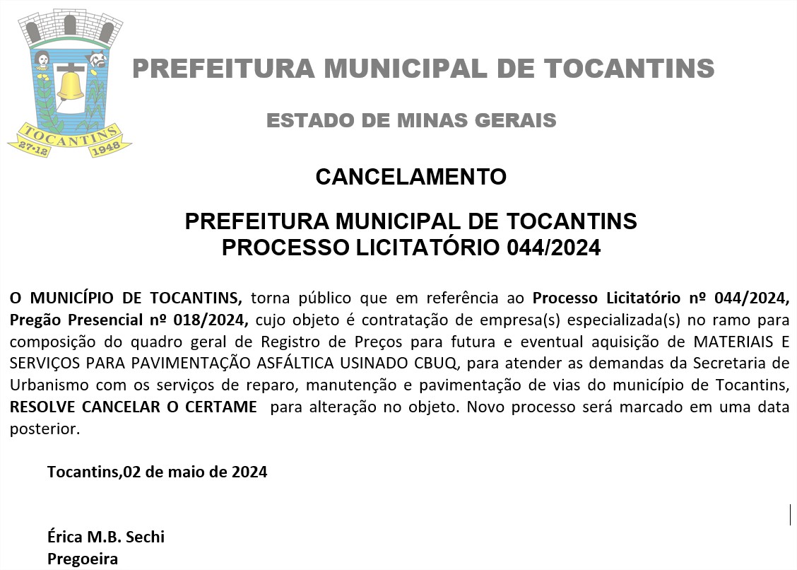 CANCELAMENTO PREGÃO  PRESENCIAL 018/2024