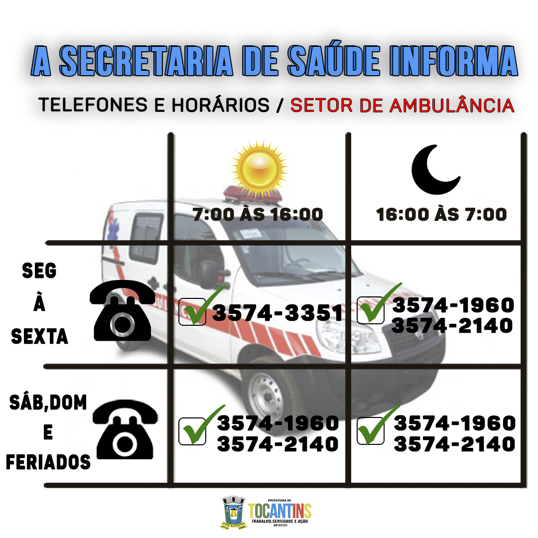 Telefone e horários, setor de ambulância.